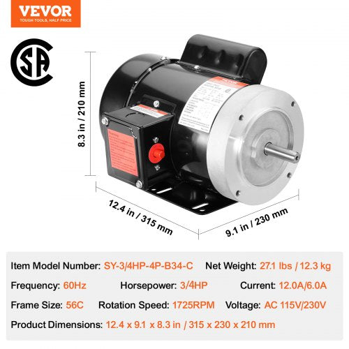075HP Electric Motor 1725 rpm AC 115V230V 56C Frame Air Compressor