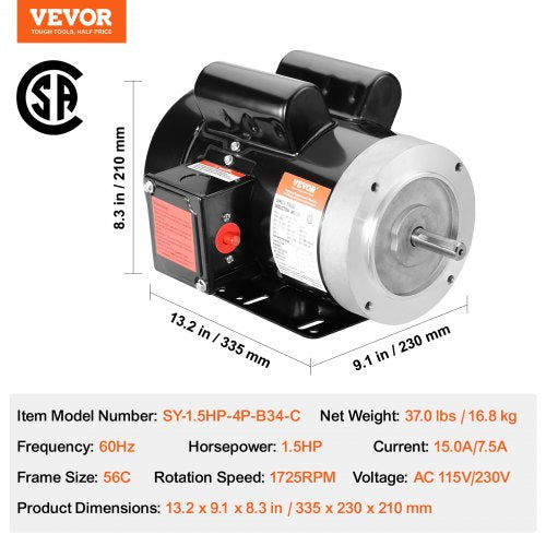 15HP Electric Motor 1725 rpm AC 115V230V 56C Frame Air Compressor Motor