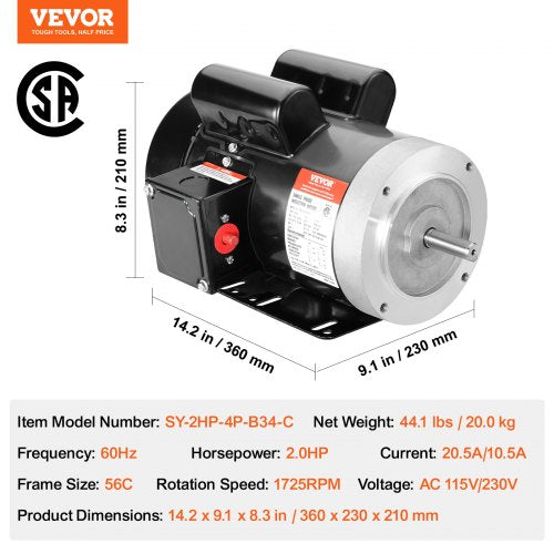 2HP Electric Motor 1725 rpm AC 115V230V 56C Frame Air Compressor Motor