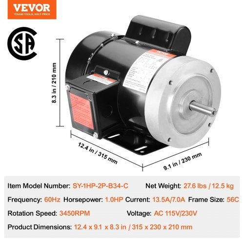 1HP Electric Motor 3450 rpm AC 115V230V 56C Frame Air Compressor Motor