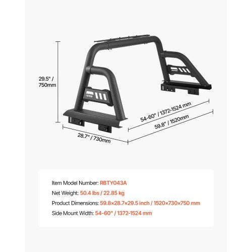 Truck Bed Roll Bar Universal Pickup Sport Adjustable Bar Chase Rack
