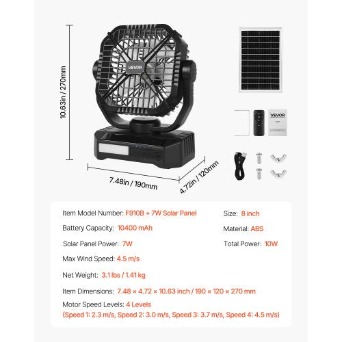 10400mAh Solar fan Camping Fan with Solar Panel LED Lantern 7W 8 Inch