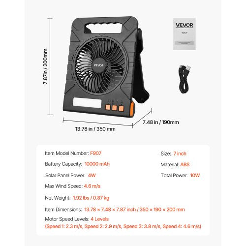 10000mAh Rechargeable Solar Fan with LED Lantern 7 inch Portable Fan