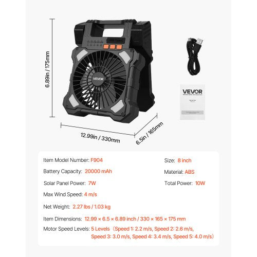 20000mAh Rechargeable Solar Fan with LED Lantern 8 inch Portable Fan