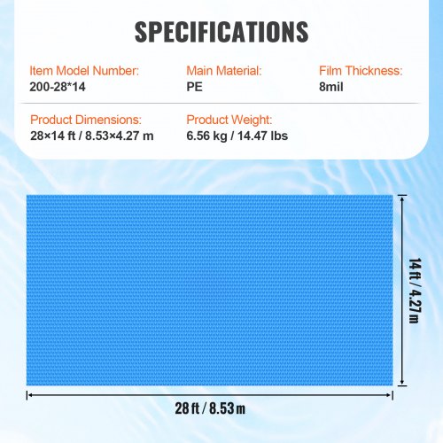 Solar Pool Cover 28 x 14 ft Rectangle Solar Blanket for Pools Inground