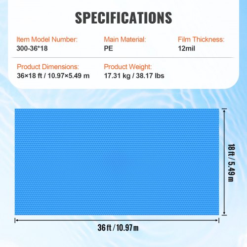 Solar Pool Cover 36 x 18 ft Rectangle Solar Blanket for Pools Inground