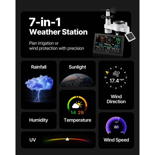 7in1 WiFi Weather Station with APP 7.5Inch VA Display Wireless Solar