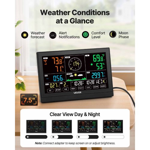 7in1 WiFi Weather Station with APP 7.5Inch VA Display Wireless Solar