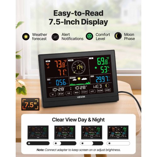 5in1 WiFi Weather Station 7.5Inch VA Display Wireless Solar Powered