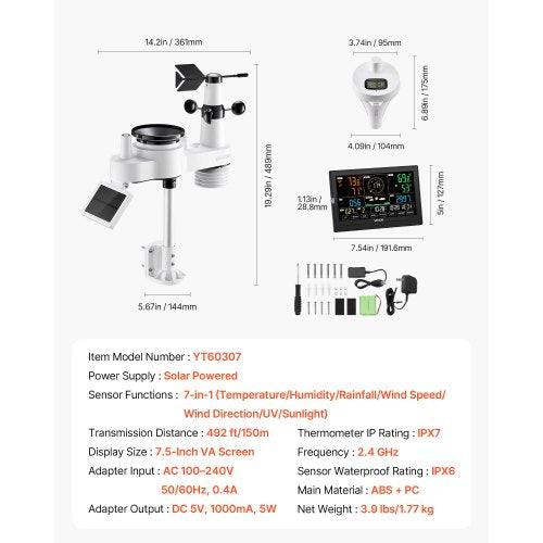 7in1 WiFi Weather Station with APP 75 in Display Wireless Solar