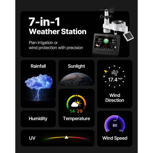 7in1 WiFi Weather Station 7Inch TFT Display Wireless Solar Powered