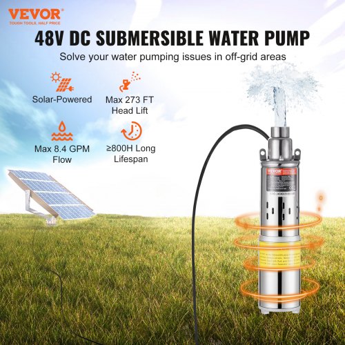 Solar Water Pump 48V DC 369W Submersible Deep Well Pump Max Flow 84 GPM