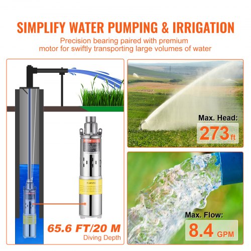 Solar Water Pump 48V DC 369W Submersible Deep Well Pump Max Flow 84 GPM