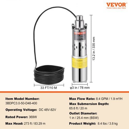 Solar Water Pump 48V DC 369W Submersible Deep Well Pump Max Flow 84 GPM