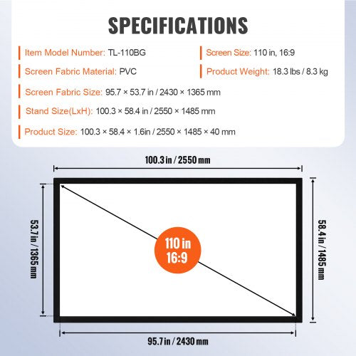 Big 110 Diagonal 169 HD Projector Screen Home Theater Outdoor Use  34L