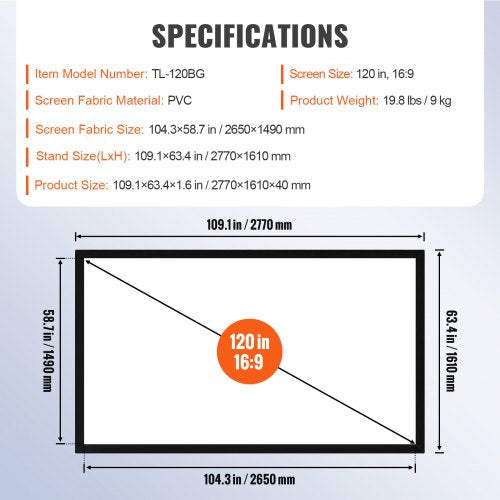 120 169 Projector Screen Fixed Frame 4K HDTV Movie Theater 3D – 6L