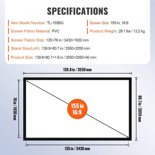 Big 155 Diagonal 169 HD Projector Screen Home Theater Outdoor Use – 2L