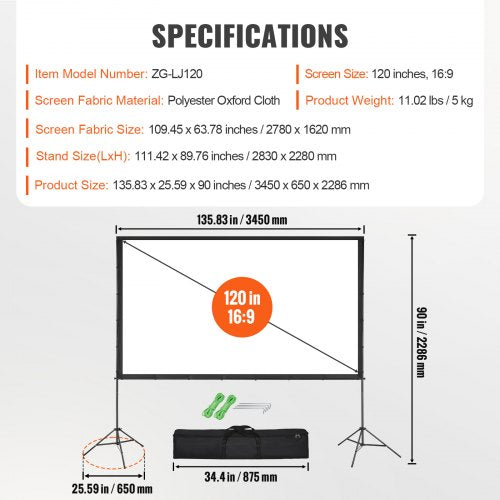 Projector Screen with Stand 120 inch 169 4K 1080 HD Outdoor Movie Screen