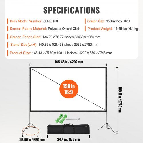 Projector Screen with Stand 150 inch 169 4K 1080 HD Outdoor Movie Screen