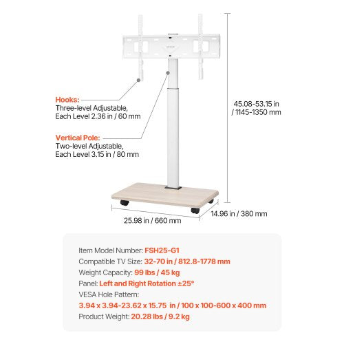 Rolling TV Stand Mobile TV Cart for 3270 Inch Screens 25° LeftRight