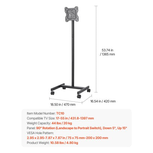 Rolling TV Stand Mobile TV Cart for 1755 Inch Screens Portrait to Landscape