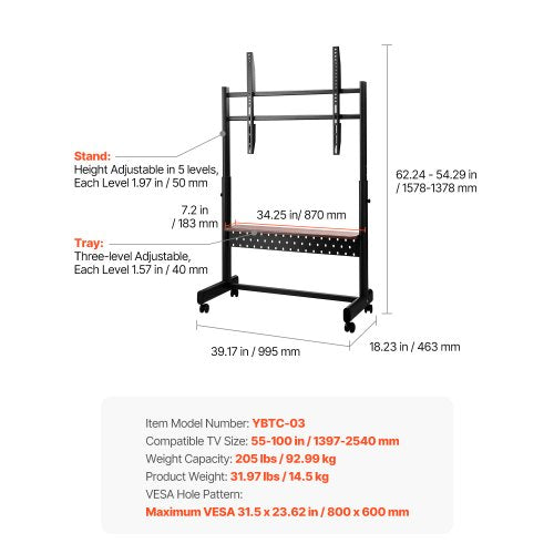 Rolling TV Stand Mobile TV Cart for 55100 Inch Screens Height Adjustable
