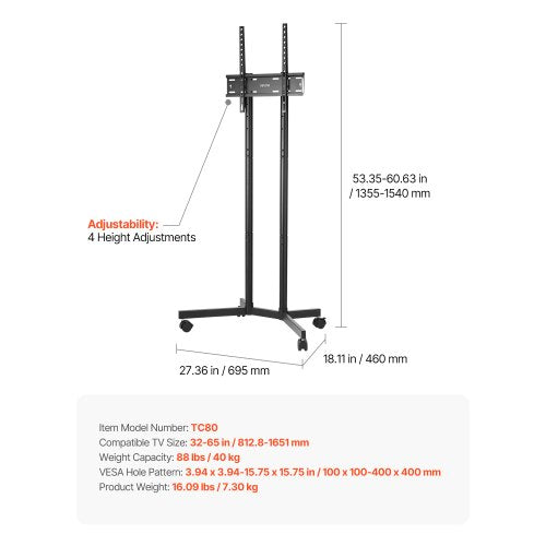 Rolling TV Stand Mobile TV Cart for 3265 Inch Screens Height Adjustable