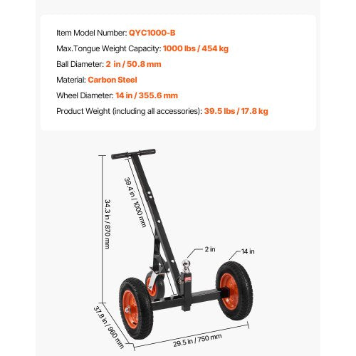 HeavyDuty Trailer Dolly 1000lbs Tongue Weight Capacity Carbon Steel