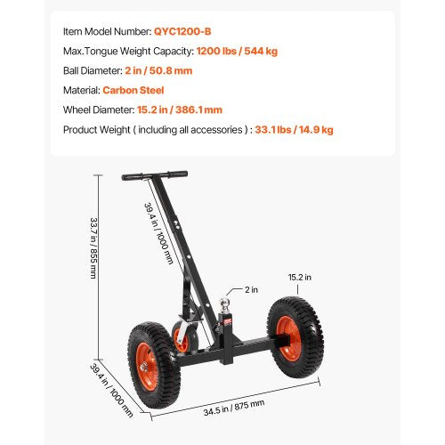 HeavyDuty Trailer Dolly 1200lbs Tongue Weight Capacity Carbon Steel