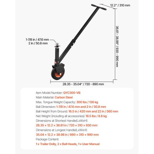Trailer Dolly 300lbs Tongue Weight Capacity 16.5 inch and 22 inch Height