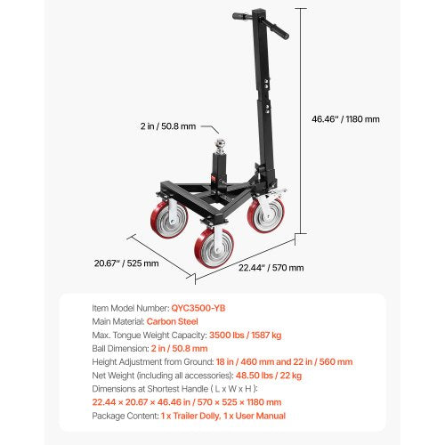 Trailer Dolly 3500lbs Tongue Weight Capacity 18 inch and 22 inch Height