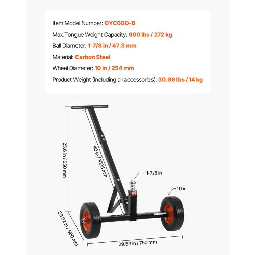 HeavyDuty Trailer Dolly 600lbs Tongue Weight Capacity Carbon Steel
