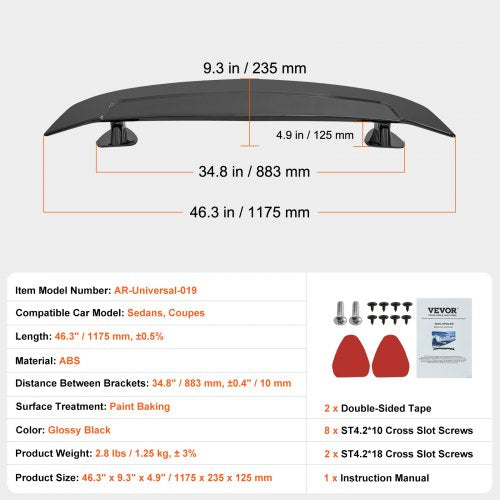 GT Wing Car Spoiler 46.3 inch Universal Spoiler Compatible with most