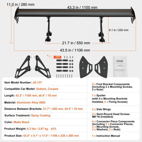 GT Wing Car Spoiler 43.3 inch Universal Spoiler with Single Deck