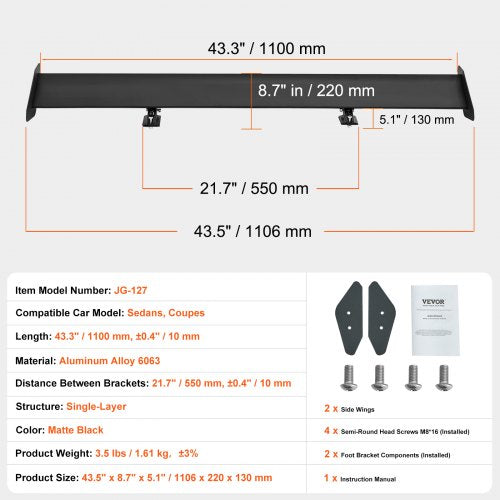 GT Wing Car Spoiler 43.3 inch Universal Spoiler with Single Deck