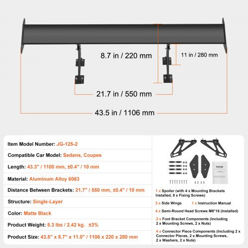 GT Wing Car Spoiler 43.3 inch Universal Spoiler with Single Deck
