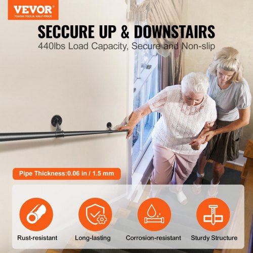 Pipe Stair Handrail 10FT Staircase Handrail 440LBS Load Capacity Carbon