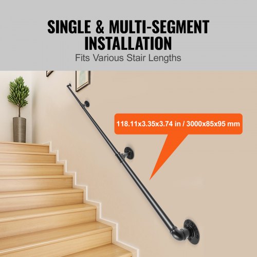 Pipe Stair Handrail 10FT Staircase Handrail 440LBS Load Capacity Carbon