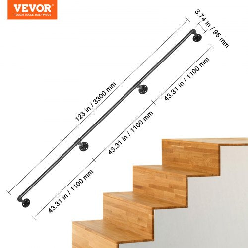 Pipe Stair Handrail 11FT Staircase Handrail 440LBS Load Capacity Carbon