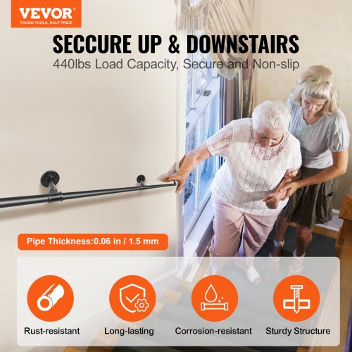 Pipe Stair Handrail 13FT Staircase Handrail 440LBS Load Capacity Carbon