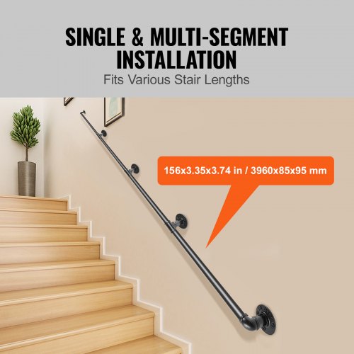 Pipe Stair Handrail 13FT Staircase Handrail 440LBS Load Capacity Carbon