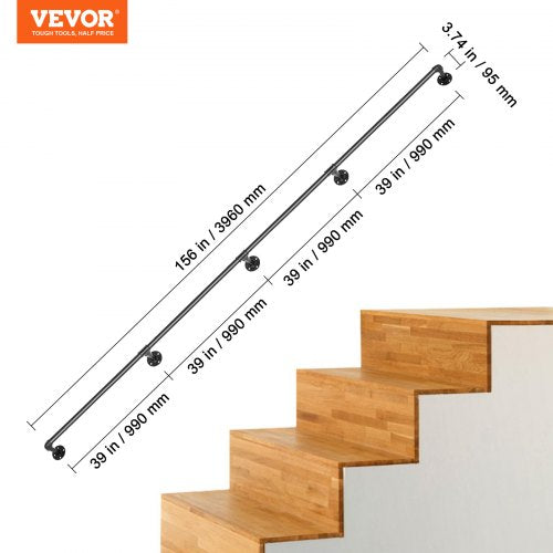Pipe Stair Handrail 13FT Staircase Handrail 440LBS Load Capacity Carbon