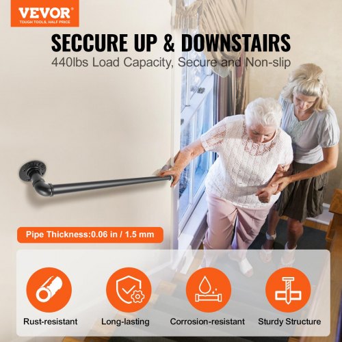 Pipe Stair Handrail 2FT Staircase Handrail 440LBS Load Capacity Carbon