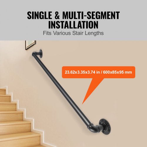 Pipe Stair Handrail 2FT Staircase Handrail 440LBS Load Capacity Carbon