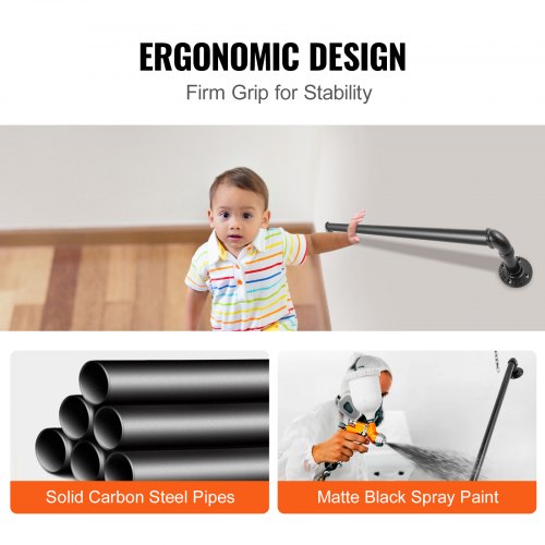 Pipe Stair Handrail 2FT Staircase Handrail 440LBS Load Capacity Carbon