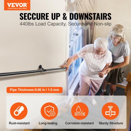 Pipe Stair Handrail 4FT Staircase Handrail 440LBS Load Capacity Carbon