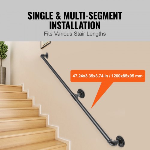 Pipe Stair Handrail 4FT Staircase Handrail 440LBS Load Capacity Carbon