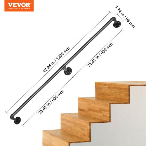Pipe Stair Handrail 4FT Staircase Handrail 440LBS Load Capacity Carbon