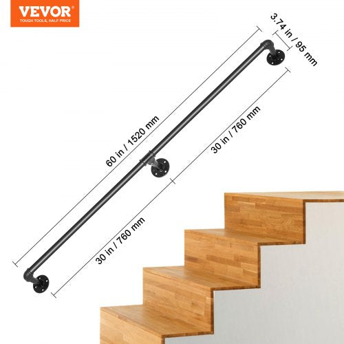 Pipe Stair Handrail 5FT Staircase Handrail 440LBS Load Capacity Carbon
