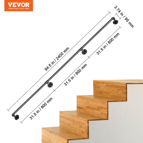 Pipe Stair Handrail 8FT Staircase Handrail 440LBS Load Capacity Carbon